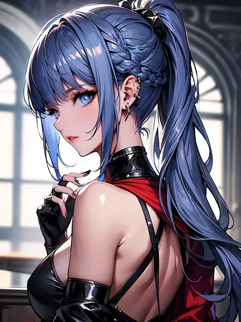 1 Daemon Girl , Aqua Eyes , At the back, bangs, bare shoulders, black gloves,  blue eyes, braid,  high collar , earring, fingerless gloves, From behind, gloves, gray hair, possession, jacket, bijouterie,  long hair in the castle,  viewing viewers , looking...