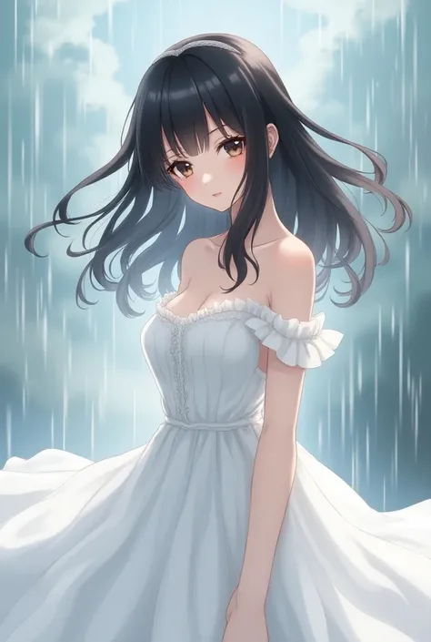 A beautiful girl, brown eyes,black hair of medium length,under a sky,wearing white princess frock,looks like an anime,drizzling