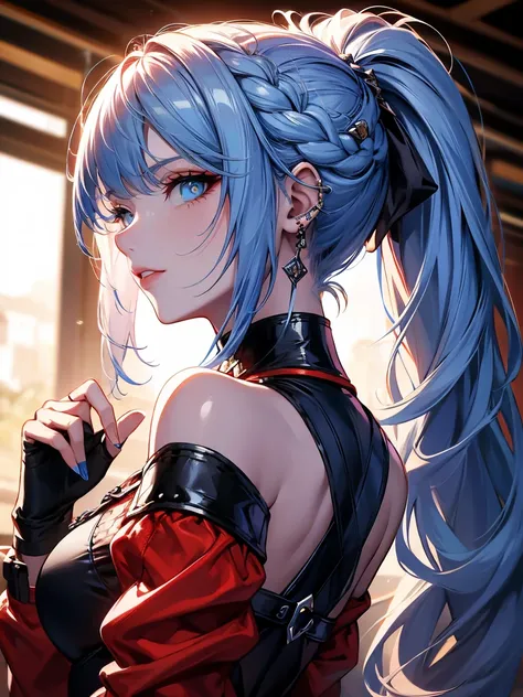 1 Daemon Girl , Aqua Eyes , At the back, bangs, bare shoulders, black gloves,  blue eyes, braid,  high collar , earring, fingerless gloves, From behind, gloves, gray hair, possession, jacket, bijouterie,  long hair in the castle,  viewing viewers , looking...