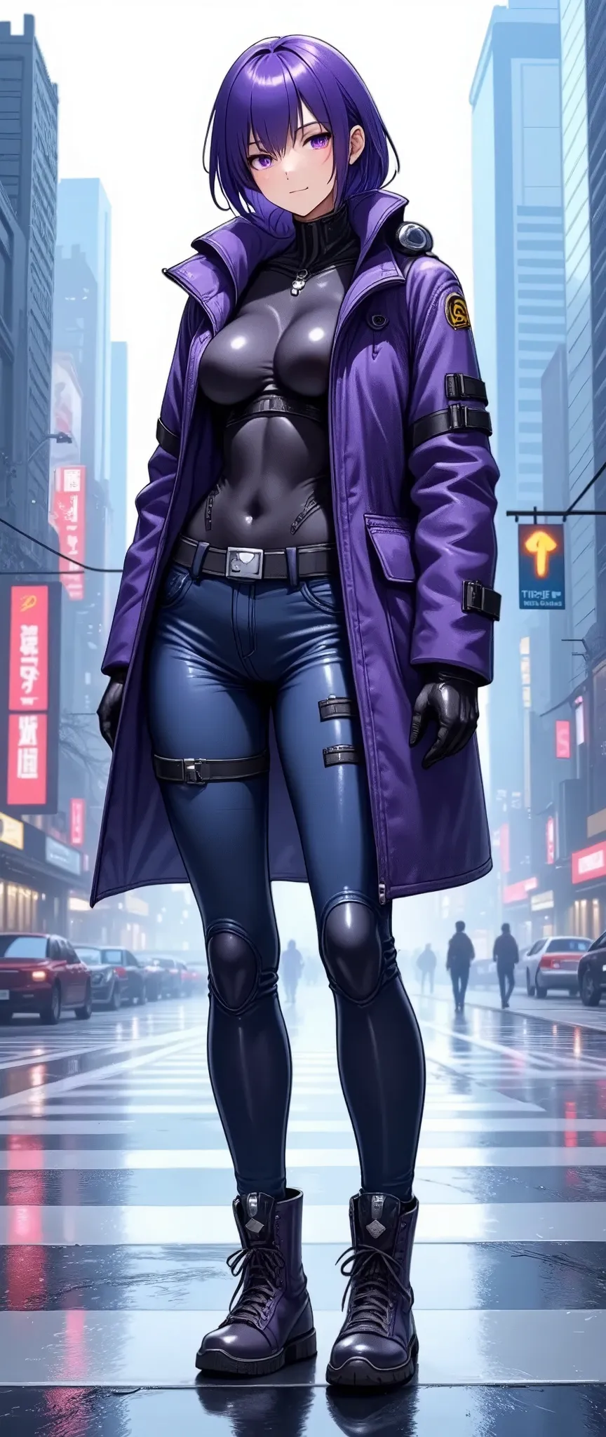 (masterpiece:1.2),(Best Quality),(Super detailed),( super high definition),( best illustration),8k, wallpaper, Beautiful Female Cyborg,whole body,Vector art,Layered Textures ,progressive,SF, Cyberpunk ,Military coat,jeans,High-tech sneakers,(The background is the downtown area of Cyber World)