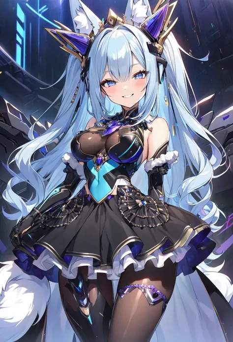 cyber fox goddess queen, mechanical fox ears shaped headgear, fluffy fox tail, light-blue hair, two-side-up long hair, mechanical Princess Decorated Mini Skirt Dress with ultra detailed luxury jewel, shiny black pantyhose, breasts_frilly_clothes, happy smi...