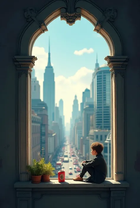 , whos sitting on the window, Outside the window is the city 