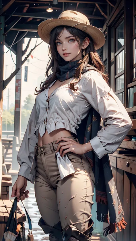 portrait of a beautiful woman on a muddy farm:1.2 , cowboy hat, fringed waistcoat , pants, scarf ,  confidence  ,  middle of che...