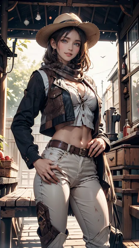  Portrait of a Beautiful Woman on a Muddy Farm:1.2 , cowboy hat, Fringed waistcoat , pants, scarf ,  Confidence  ,  middle of chest,、Place hands on hips、Riding boots、Round Whips 、smile、 Indy Jones Style 