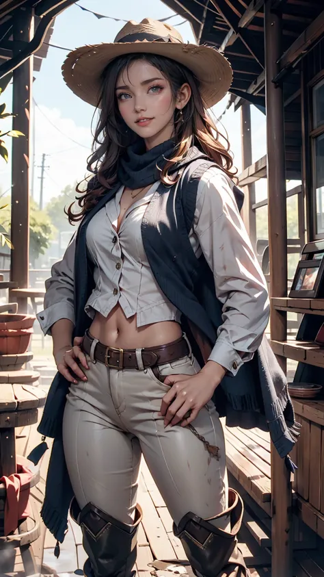  Portrait of a Beautiful Woman on a Muddy Farm:1.2 , cowboy hat, Fringed waistcoat , pants, scarf ,  Confidence  ,  middle of chest,、Place hands on hips、Riding boots、Round Whips 、smile、 Indy Jones Style 