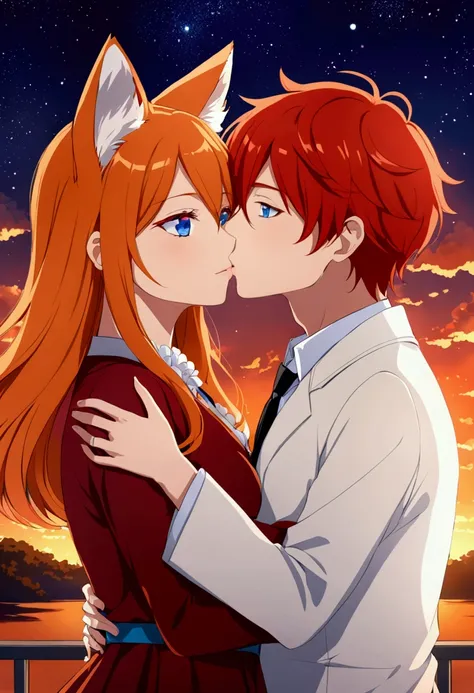 anime style, 1 fox girl with red hair and with blue eyes, 1 fox boy with orange hair and red eyes, hugging and kissing