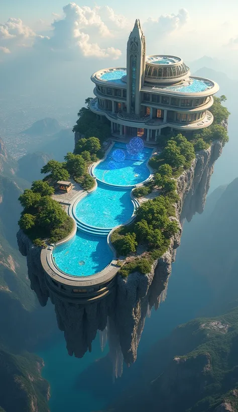 A colossal, eco-sustainable mansion built on a floating city in the sky, supported by anti-gravity technology. The pool spans the entire rooftop and includes sections with synchronized holographic projections of celestial bodies and star constellations. It...