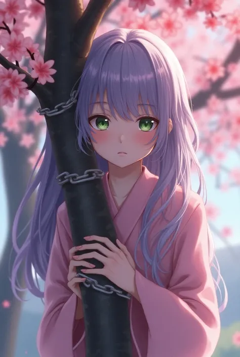  a girl with her hands and feet chained to a cherry tree 。 long light purple hair with wavy hair 。The length of her bangs is above her nose 。 is wearing a cherry blossom colored kimono。 green eyes and a neat face like a doll。