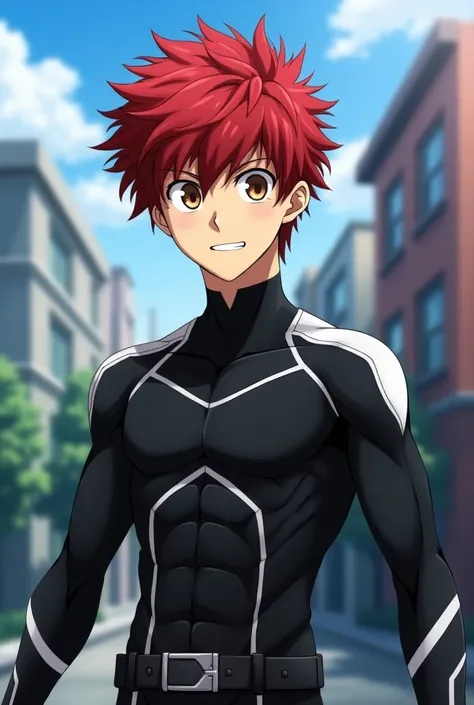  My Hero Academia style  , Anime Boy, male, young male ,    full body shot  ,( Satu Stance:1.3),  short hair, Red Hair,    Brown Eyes   ,  hero suit, Full Body Suit,  black suit with white details, perfect anatomy, Super detailed,( building :1.2）