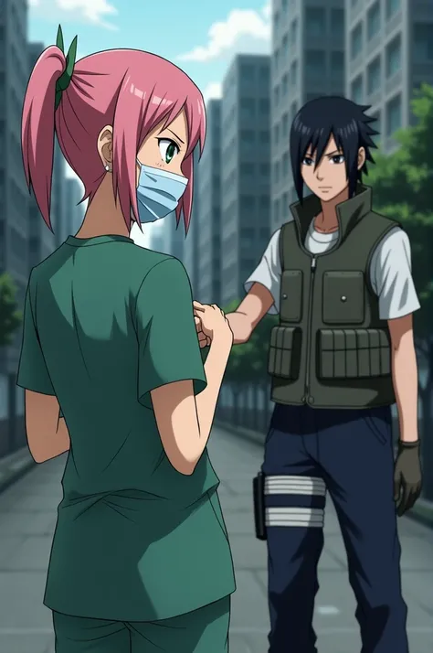  Sakura Haruno dressed in surgical clothing , with masks ,  her pink hair is tied in a ribbon ,  her green eyes stand out looking forward . Behind her is Sasuke Uchiha ,  with her black eyes looking at Sakura ,  is dressed in dark blue military pants ,  wh...