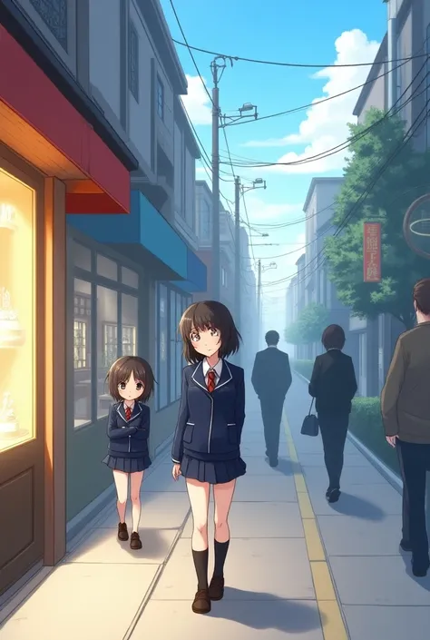 Anime une écolière en tenue bleu marine qui regarde une bijouterie, sa petite soeur qui passe derrière et continue son chemin un peu plus loin dans la rue 