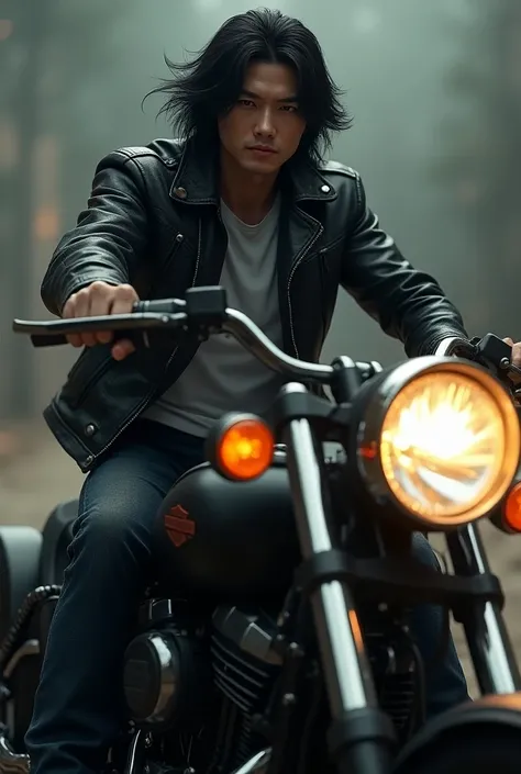 Korean long hair man with Harley, 3D style,8k,dramatic 