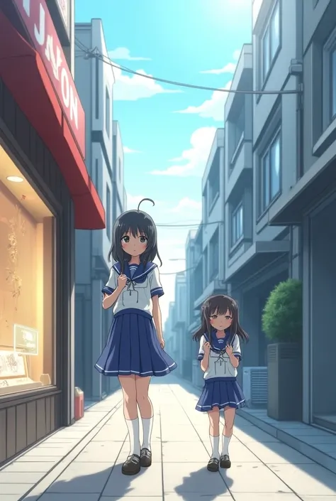 Anime une écolière en tenue bleu marine qui regarde une bijouterie, sa petite soeur qui passe derrière elle et continue son chemin un peu plus loin dans la rue 