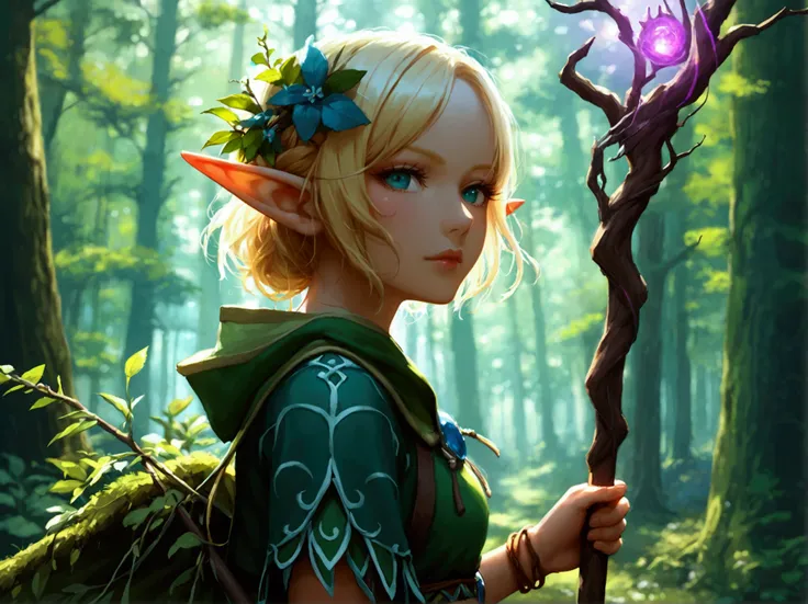 Beautiful anime Forest elf druid, with staff, in a forest, wielding magic