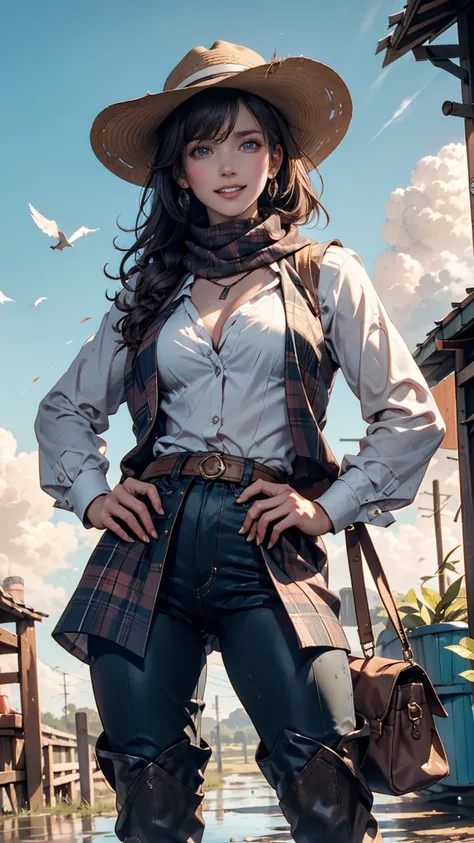 Portrait of a beautiful woman on a muddy farm:1.2 , cowboy hat, Fringed waistcoat , pants, scarf ,  Confidence  ,  middle of chest,、Place hands on hips、Riding boots、Round Whips 、smile、 Indy Jones Style 、blue sky、cloud