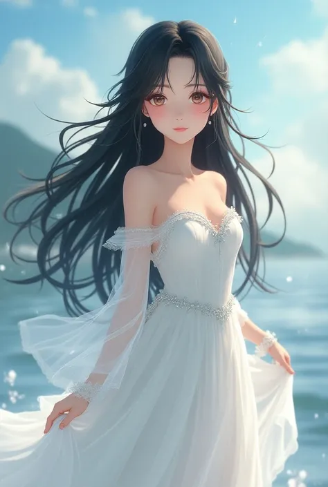 A beautiful girl, brown eyes,long black hair,under a sky,wearing white princess frock,looks like an anime,drizzling,hd quality