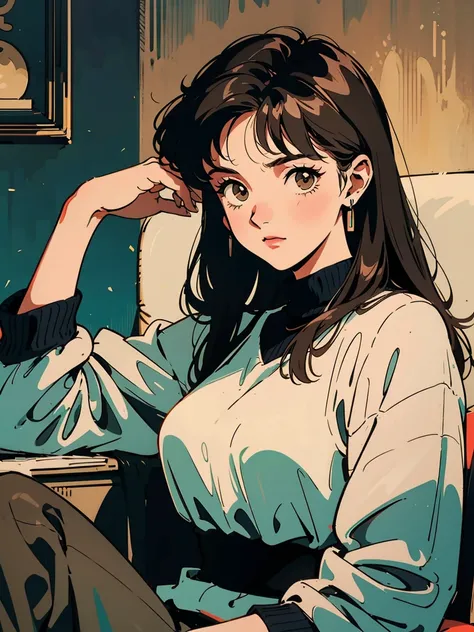 /imagine prompt: 1970s-style animated book cover reverse, 21-year-old girl with black, long hair and light brown eyes, seated in a classic chair, posing with confidence, warm retro tones, background hinting at vintage patterns, subtle book blurbs or quotes...