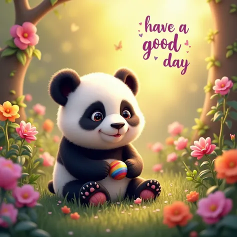 Baby panda, love animals, background garden with flowers, sunshine, rainbow color ball, “Have a good day” word in purple bond italic font on right top, romantic style 