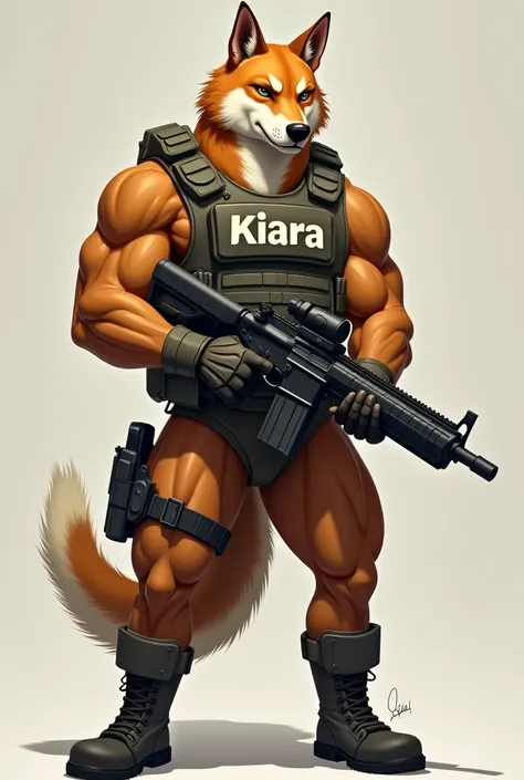 Animal Sexy Caramel Soldier Dog written Kiara on strong chest with vest and military boot holding a minigan gun