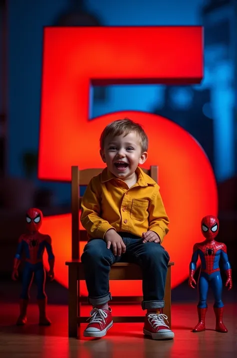 Here is a description of the image:
 
A charming photo of a young boy celebrating his seventh birthday.  Hes seated on a small wooden chair in front of a large, red number "5." Hes wearing a yellow shirt with "sandoval" printed on it, dark jeans, and red s...