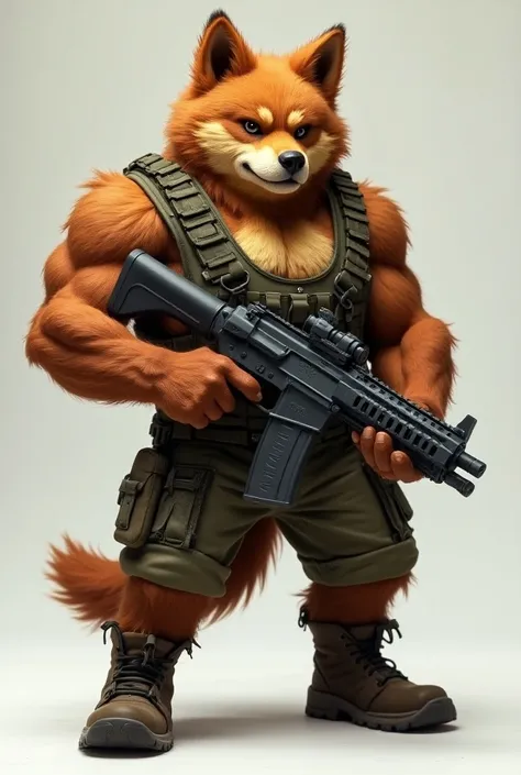 Animal Hairy puppy with caramel breast Soldier written Kiara on strong chest with vest and military boot holding a minigan gun