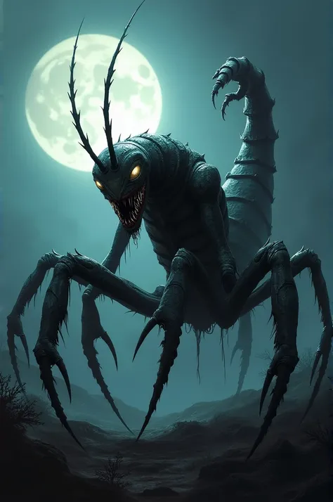  The mantis-scorpion hybrid crouches ominously, its sharp pincers glinting in the moonlight, creating a chilling atmosphere.