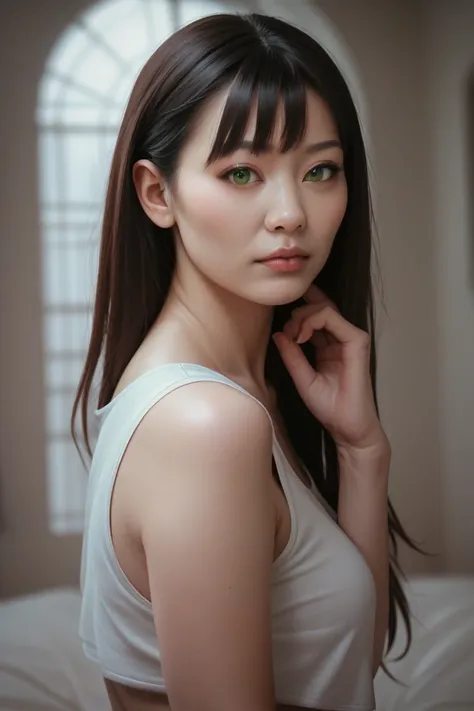 A female character that is a combination of a black girl, an Asian girl and a redheaded girl with green eyes, photorealistic, hyper-realistic, ultra high resolution, 8k