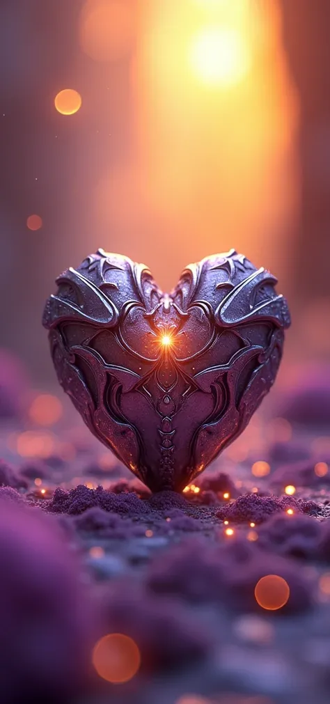 Créez un fond décran dans des dégradés de violet et orange. It is a wonderful and surreal universe with a very realistic 3D heart in the center.. This heart is covered in metal as if it were a warrior  .  Add a bright yellow light starting from the right s...