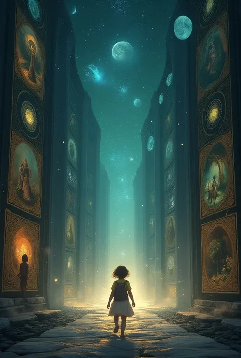 A small cute girl is walking toward the dark, space-like long portal toward the far end.and on both sides of the portal are many large panels with very detailed images of all the events of the girls life that will happen to her in the future  one by one. 
...