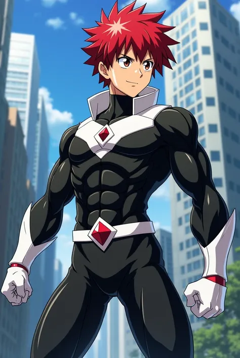  My Hero Academia style , Anime Boy, male, young male ,  full body shot ,(Combat Stance:1.3), short hair, Red Hair,   Brown Eyes  ,  small red jewel on the left side of the chest , hero suit, Full Body Suit,  white detailed on a black suit,perfect anatomy,...