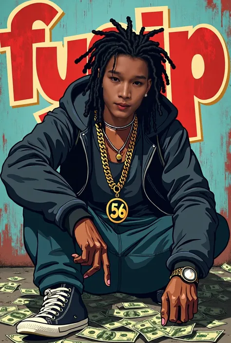 Black gangster teen cartoon with dreads and   fyejp in the background with a gun in hand and with money sitting down and 56 on a chain    music album cover