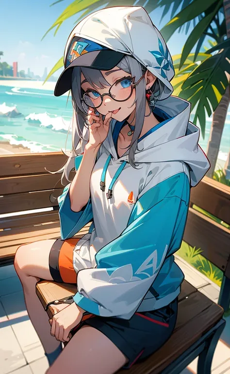 Summer Festival，Gray Hair， blue eyes， HOODIE，Shorts，ice，Glasses， flat chest，Earrings，bench，hat，Mokochi(masterpiece, Best Quality,  very beautiful , Super detailed), smile,tongue,