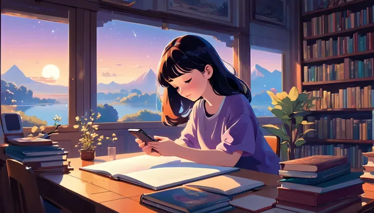  woman studying while looking at her phone、,  wide-angle lens ,  loopy animation ,  lo-fi illustration ,  beautiful atmosphere ,  lo-fi style , Vector art, Flat design, simple shapes,  Warm Hues , Pleasant atmosphere, Cold weather ,  animation style ,  dig...