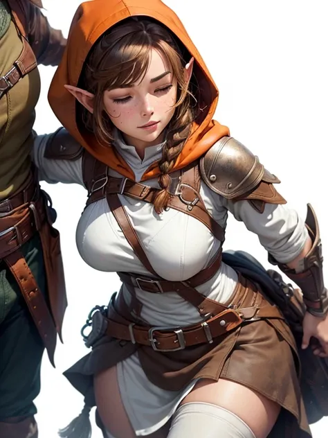 ((Best quality))) (((HD))) (((8K))) (Character) 20-year-old woman, ((Adventurous)), (eyes closed), (goggles) elf, ((Beautiful)) and ((cheerfulness)), (freckles),  ((brown hair)) and ((hair just touching shoulders:1.2) and (bob cut)  and (short braid))), vo...