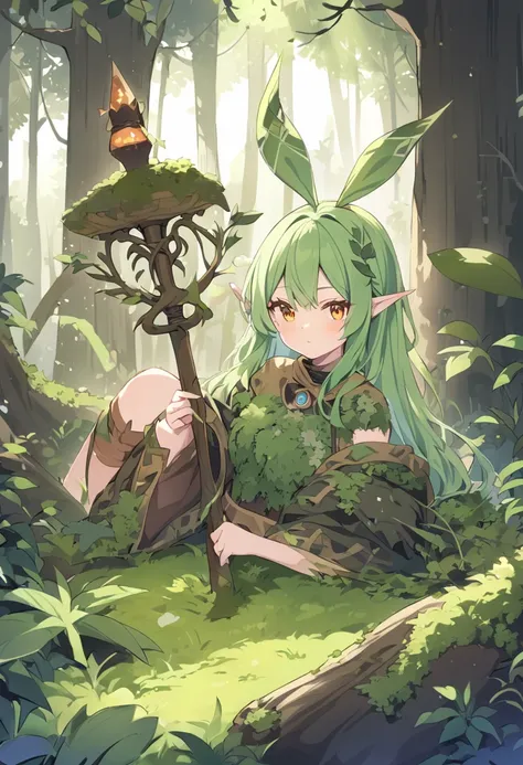 an elf woman, green hair, 26 years old, amber eyes, dressed in plant and moss clothing, a simple staff, forest setting, exuding great magic