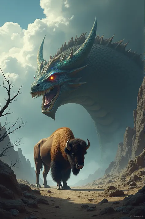  A massive bison stands its ground against a fearsome dragon, the tension palpable in a stormy landscape.