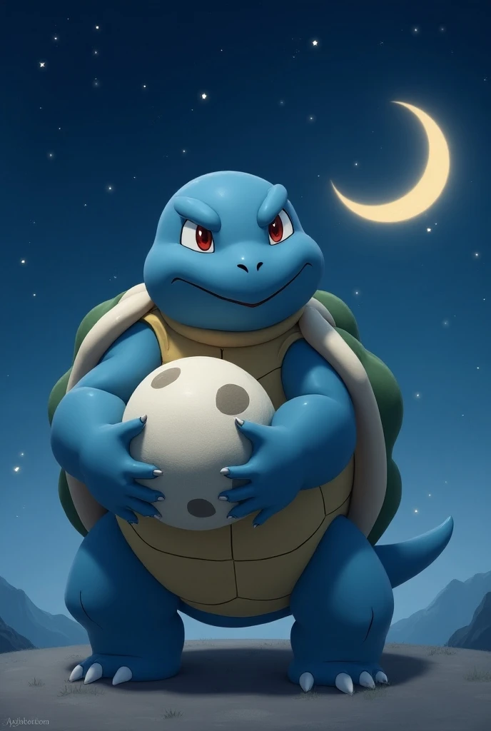 Create picture of blastoise hugging toy moon