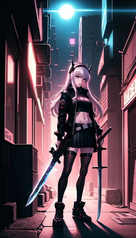 Kimura

Prompt: a beautiful anime girl in a futuristic city, holding a gun, in the style of hyper-detailed illustrations, cyberpunk aesthetics, full-body portraits, 8k resolution, long hair, weapon, jacket, sword, holding, black jacket, holding sword, long...