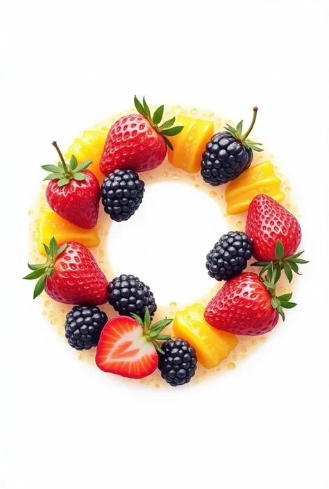 Create a logo for a business called Frost Pops with a round composition using elements such as fruits such as strawberries, blackberries and tropical fruits, and make the Os in Frost Pops fruit instead of letters. 