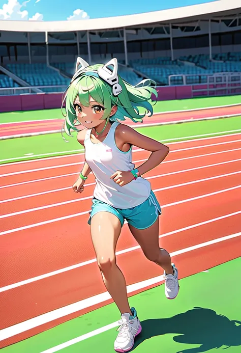 ,(masterpiece, best quality),A sun-tanned young girl practicing short-distance running on a track, wearing a sporty outfit with a cropped tanktop and shorts(low leg shorts). no-muscles,soft body of a teenager,many sweat,Her skin has a healthy tan, smile, T...