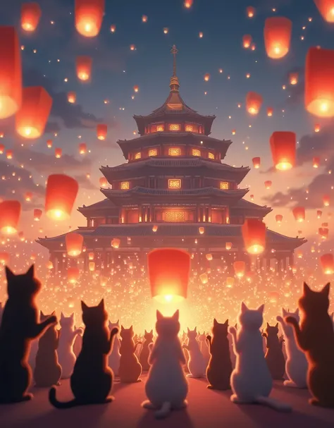 the huge square in front of the huge majestic palace ,  in the square, all kinds of kotiui and cats of different breeds and colors stand on their hind legs and launch Floating Lanterns(  flying lanterns), evening,stars , lots of various paper lanterns soar...