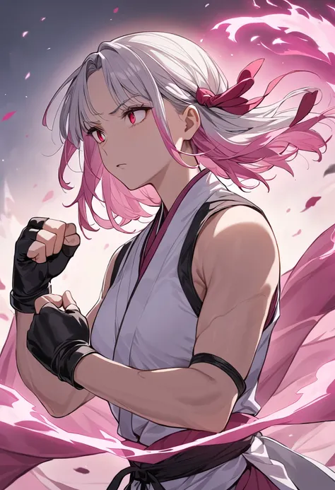 (masterpiece,  top quality , Very aesthetic , 4K、illustration),  Exquisite Details , 1 woman,Alone,Contrast  、Strong glowing eye、,(Upper body)、、(Martial artist ), beautiful face 、fingerless gloves、 clenches fist 、、( fluorescent pink gradient lifting spirit...