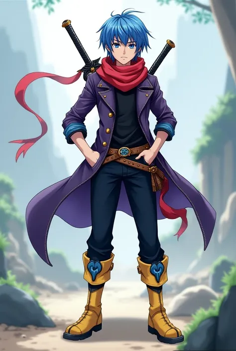  A fair-skinned young man with straight blue and short hair that reaches up to his ears,   blue eyes and a red scarf around his neck . His costume consists of a purple jacket ,  he also wears a shirt and pants in the colors black ,  yellow boots and belt w...