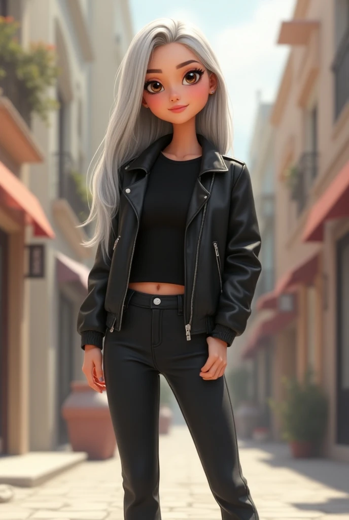 Pixar-style slim young woman with straight silver hair at shoulder level, without backpack,  black pants , black t-shirt and white sneakers,  leather jacket and is standing smiling , dark brown eyes, pink lips and outlined eyes 