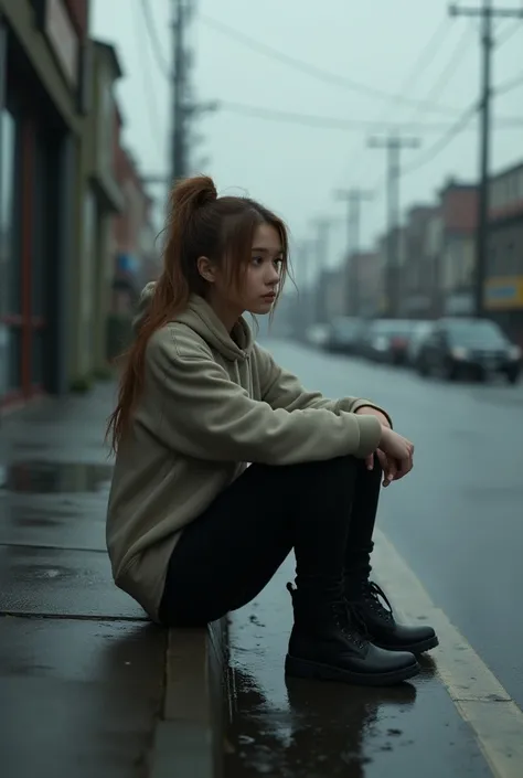 A girl with long light brown hair tied up in sweatshirts, black pants and medium boots sitting on the sidewalk on a cloudy day with a wet street. 