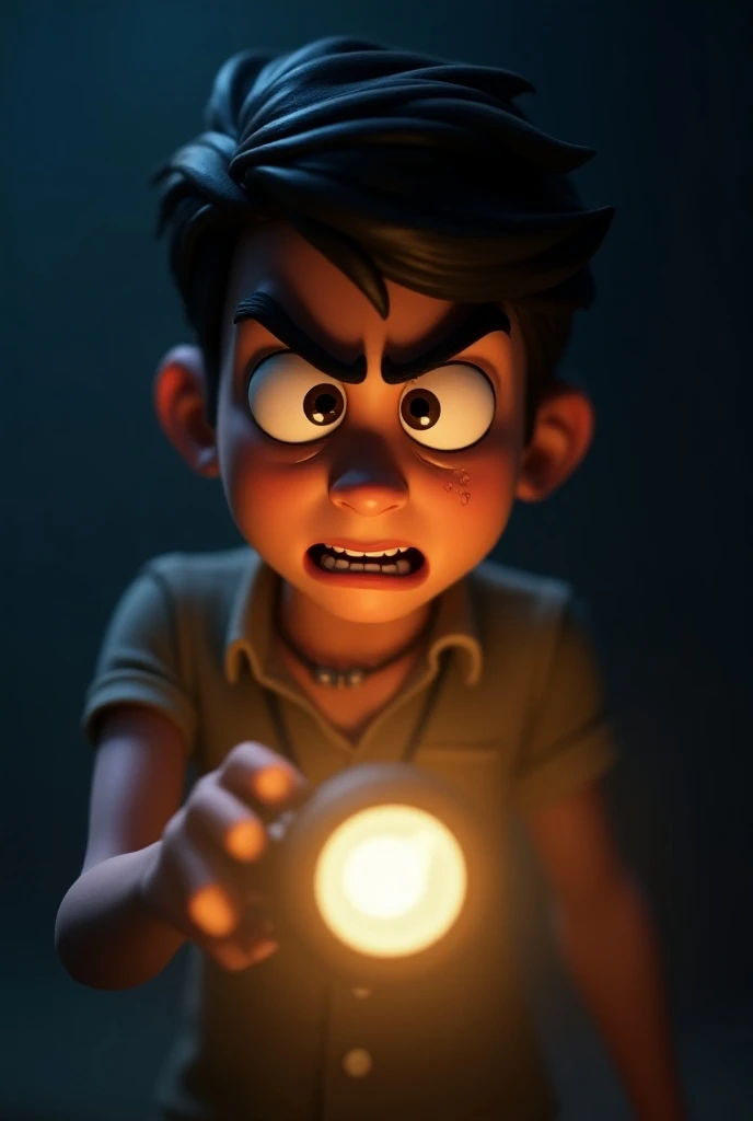 Generate in cinematic 3d cartoon style**
A close-up of the main character, Arjun, as he tries to encourage his friends with a determined but secretly frightened expression, a flashlight in his