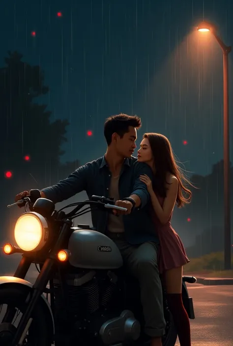 Let the background be dark, let there be a street light and let it rain lightly, let the stars be visible in the sky. 

A man stands on his Motorcycle with, and at the same time this male Do not have a beard on your face

The girl leans on the bike and smi...