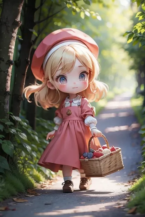  A cute blond haired kitten in a red hat is walking along a sunny forest path,  has a basket of pastries  .  Shes wearing wooden shoes and 、 wearing a peasant dress and apron  .   The portrait should be high resolution and top quality , Disney Style.