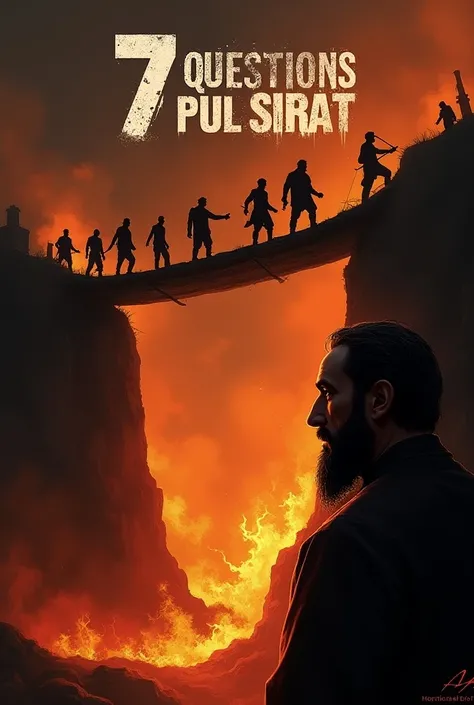 "Create a dark, intense digital artwork titled 7 Questions Pul Sirat. In the center, depict a fiery bridge scene where silhouetted figures are crossing a narrow, suspended bridge against a background of flames and smoke. Some figures are falling off the br...