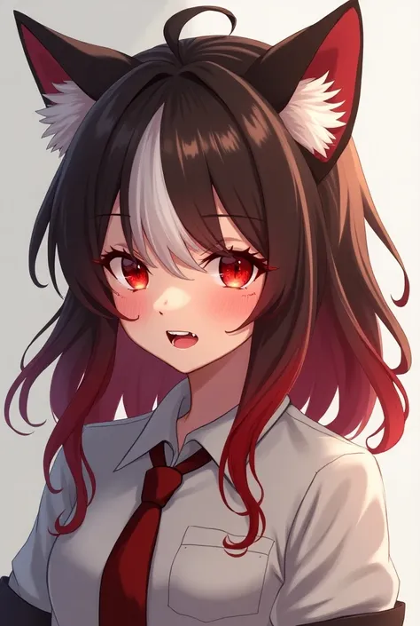  anime girls with medium-length hair that are brown at the base and get lighter in length and are white at the tips,  with reddish strands inside .  plus reddish brown wolf ears ,  a crazy face , red glowing eyes, Is a wolf hybrid ,  pointed teeth and some...